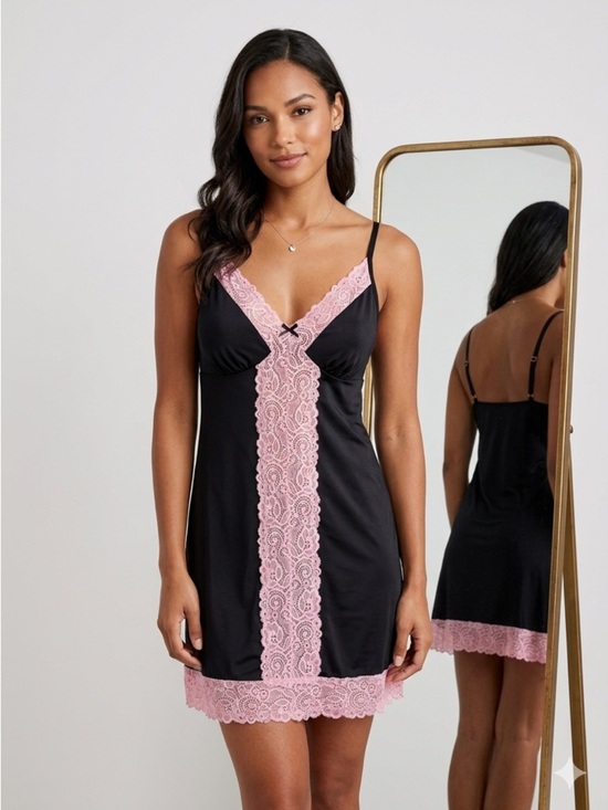 La Vie En Rose Other - La Vie En Rose Chemise Black Pink Lace Trim Nightie Size Large Lingerie Stretchy